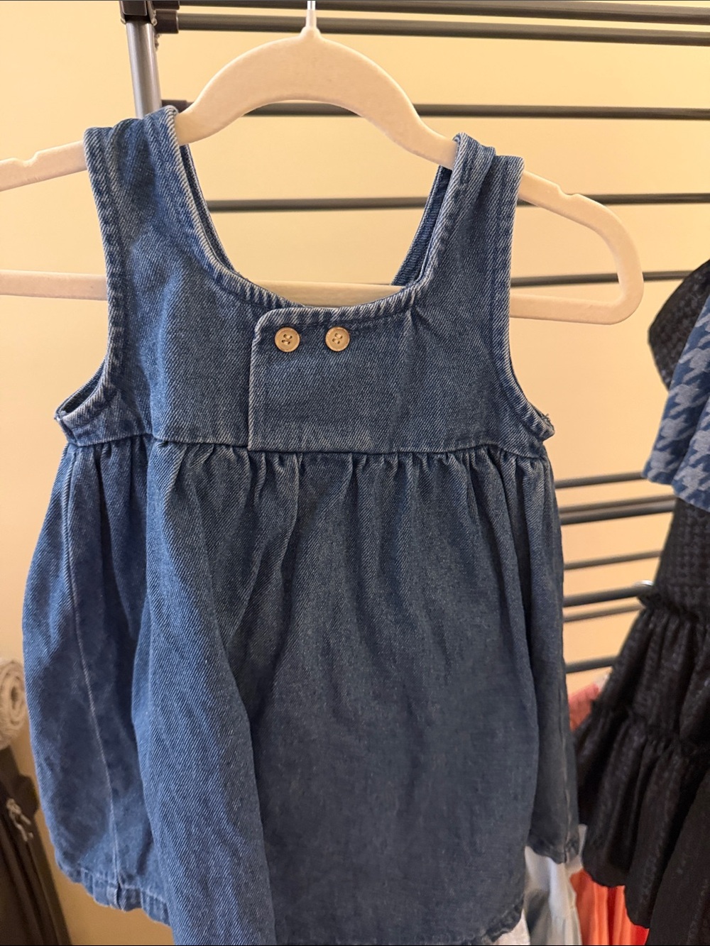 Denim Sleeveless Baby Dress with Button Detail - Blue